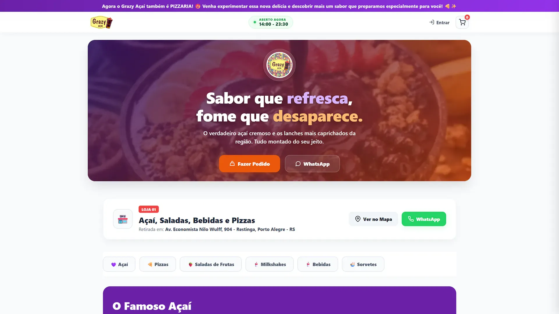 Preview do site Grazy Açaí